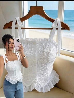 White Floral Embroidered Ruffle Tie-Shoulder Corset Top